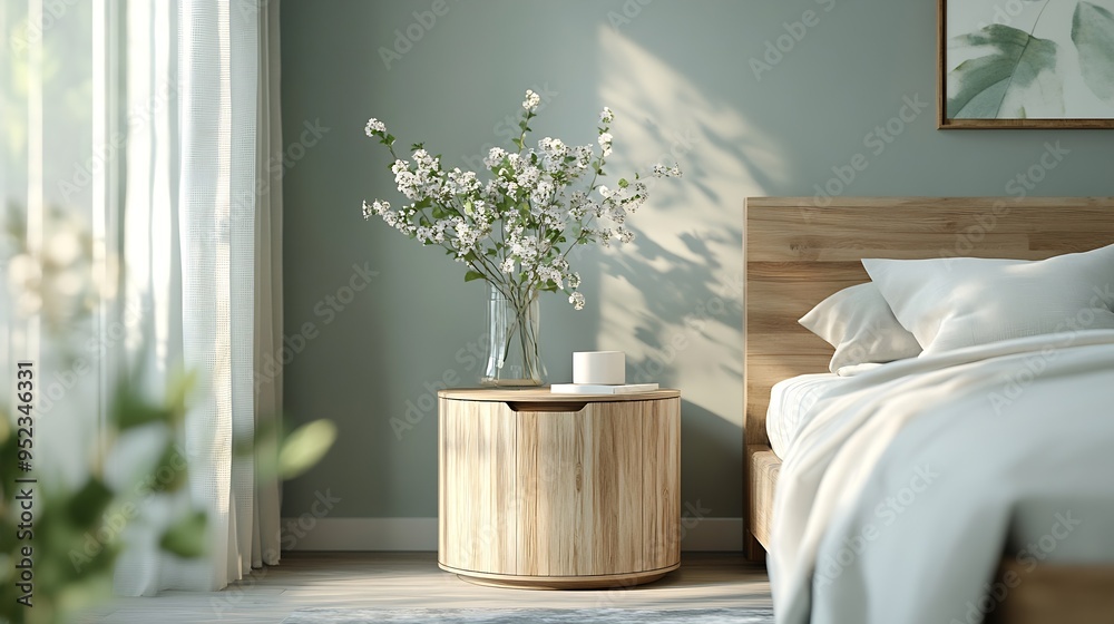 Poster closeup fragment of bedroom with empty wooden bedside table in a gray bedroom : generative ai