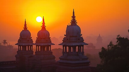 Obraz premium Serene Jain temple spires against a golden sunset, no people, tranquil setting, copy space
