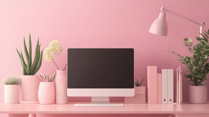 A computer monitor sits on a desk with a pink wall and pink plants
