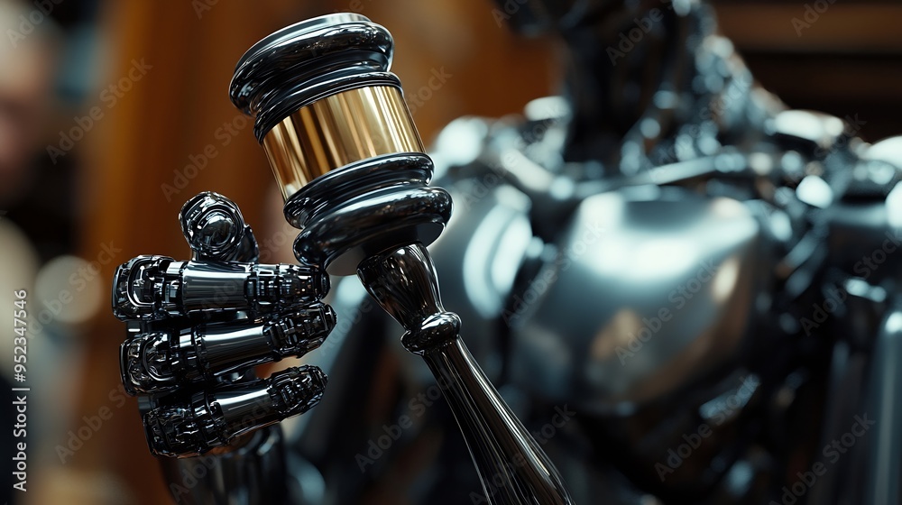 Aufkleber Future innovative concept of efficient and fair justice system with closeup robotic hand holding gavel as artificial intelligence in transparent judicial proceedings by an AI judge Equ : Generative AI