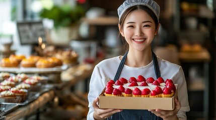 Happy Asian woman bakery shop owner holding fruit tart in delivery box for customer order Bakery chef baking pastry and cake in the kitchen Small business entrepreneur and food deliver : Generative AI