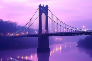 Illuminated Suspension Bridge over a Purple River at Dusk