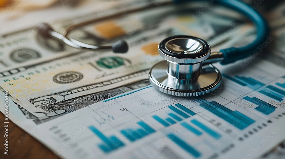 Poster stethoscope and us dollar banknotes on chart or graph paper financial account statistics and busines