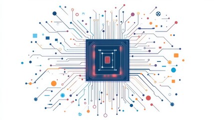 Fototapeta premium Abstract computer chip, simple lines, minimal flat design illustration on white background, copy space for stock photo with minimal concept, No logo, No Trademark, No text