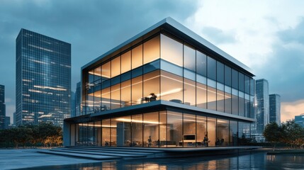 Fototapeta premium A sleek modern office tower with an expansive glass exterior and cityscape views, symbolizing corporate success.
