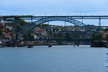 View of Porto city and Douro river and Dom Luis bridge. Porto, Vila Nova de Gaia, Portugal....