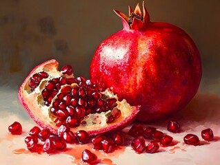 Juicy and Luscious Pomegranate Seeds Spilling from a Broken Half in Vivid Renaissance Still Life