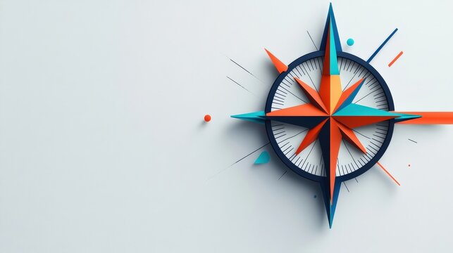 Compass pointing direction, clean lines, minimal flat design illustration on white background, copy space for stock photo with minimal concept, No logo, No Trademark, No text