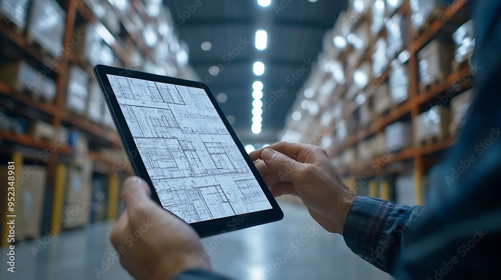 Poster hands architect and tablet for blueprint in logistics warehouse for building design and expansion co