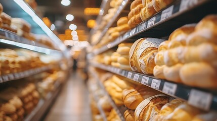 Abstract blurred supermarket aisle with bread bakery products and pastries shelves as background : Generative AI