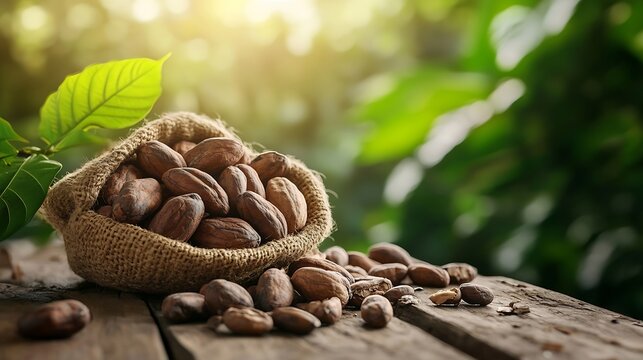 Cocoa beans with fresh pods on wooden table with cocoa plant background : Generative AI
