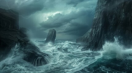 Dramatic stormy coastline  powerful waves crash against majestic cliffs under dark skies