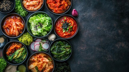 Top view of a colorful assortment of Korean banchan, including kimchi, pickled radish, and seaweed salad. Copy space.