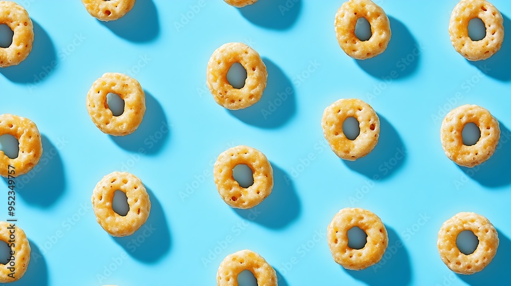 Poster Macro close up detail of single honey cheerios cereal isolated on blue with shadow : Generative AI