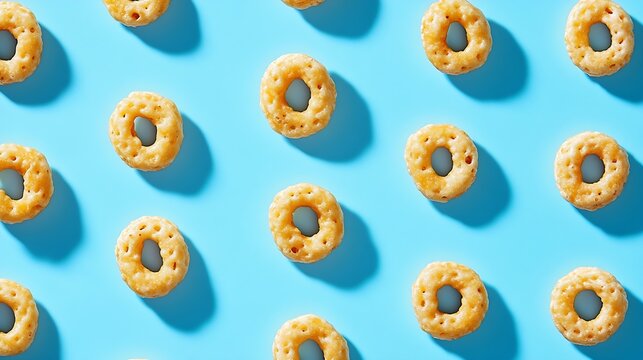 Macro close up detail of single honey cheerios cereal isolated on blue with shadow : Generative AI