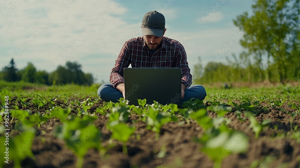 Aufkleber enhancing crop productivity farmer analyzing and optimizing smart farming techniques on laptop : gen