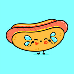 Crying Hot dog character. Vector hand drawn cartoon kawaii character illustration icon. Isolated on blue background. Sad Hot dog character concept