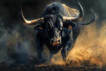 Fierce Bull Charging Forward with Glowing Horns, Symbolizing Power and Confidence in Stock Market Wallpaper with Midnight Colors