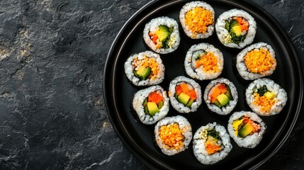 Top view of a colorful assortment of Korean rice rolls, gimbap, with pickled vegetables. Copy space.