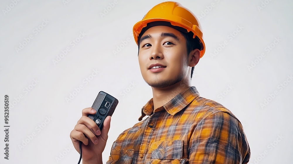 Poster portrait young asian man is engineer wearing helmet standing and using radio for speak with confiden
