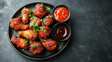 Top view of a crispy serving of Korean fried chicken with sauces on the side. Copy space.