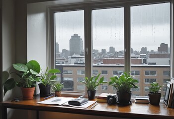 View from a plant cluttered desk out a window into a rainy city