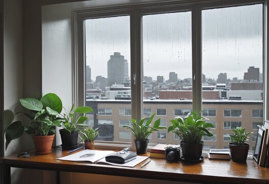 View from a plant cluttered desk out a window into a rainy city