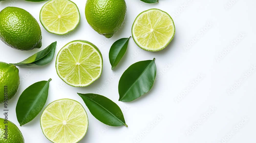 Poster lime fruits with slices and green leaves isolated on white background top view flat lay : generative