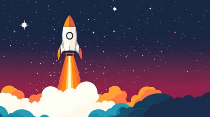 Fototapeta premium Rocket launching to a star, simple shapes, minimal flat design illustration on white background, copy space for stock photo with minimal concept, No logo, No Trademark, No text