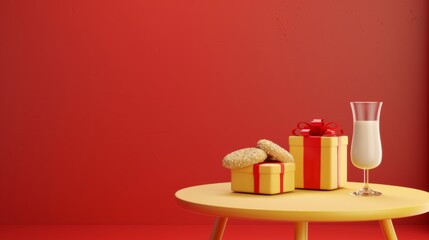 3d illustration Christmas gift next to a glass of milk and cookies on red background