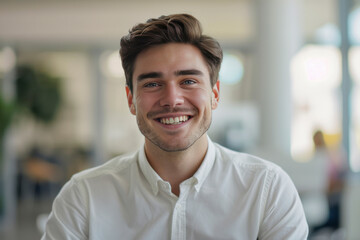 Obraz premium Smiling young businessman in a white shirt poses confidently inside a modern office environment.