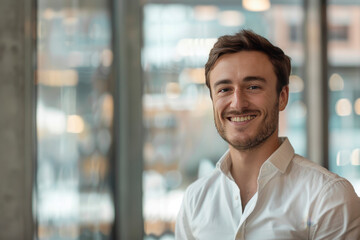 Obraz premium Cheerful young man wearing a white button-down shirt smiles in a bright, contemporary office setting for web graphics.