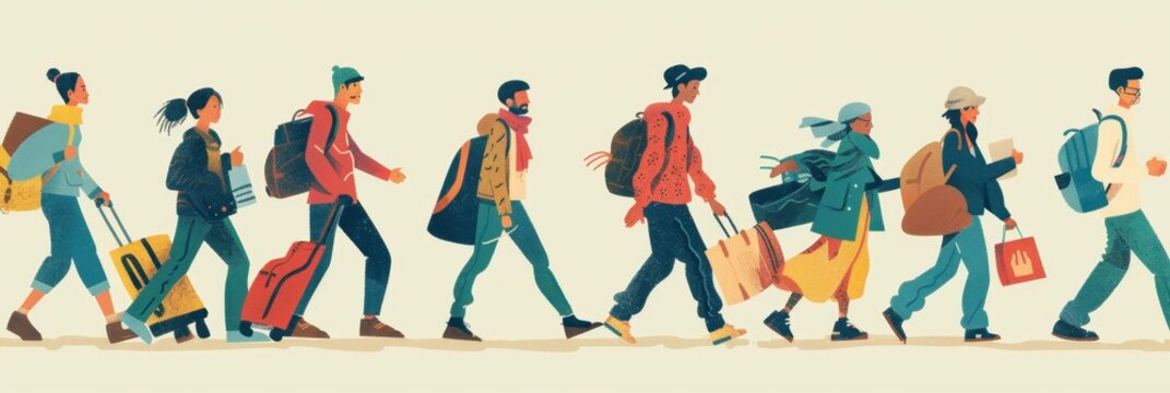 International Migrants Day. Silhouettes of migrants walking with bags and suitcases. Horizontal banner. Free space for text. Flat illustration. Problems of wars and poverty. Immigration concept