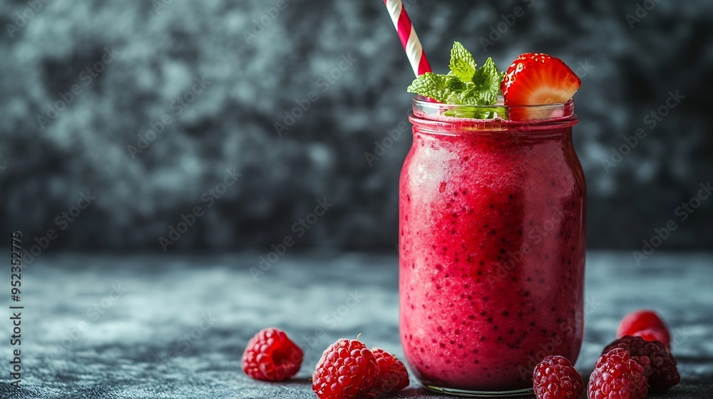 Poster healthy red berry smoothie in a glass jar on a grey background : generative ai