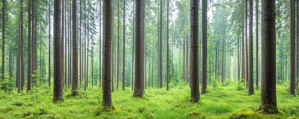Rainy forest with tall trees, fog enveloping the towering trunks, moody and atmospheric, sense of isolation in nature