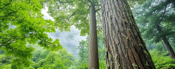 Naklejka premium Rainy forest with tall trees, fog enveloping the towering trunks, moody and atmospheric, sense of isolation in nature