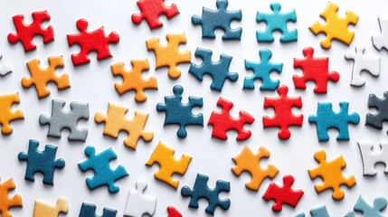Naklejka premium Puzzle pieces coming together, minimalist style, flat design illustration on white background, copy space for stock photo with minimal concept, No logo, No Trademark, No text