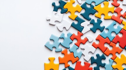 Puzzle pieces coming together, minimalist style, flat design illustration on white background, copy space for stock photo with minimal concept, No logo, No Trademark, No text