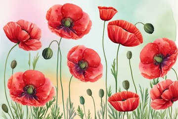 Obraz premium Dappled Red Poppies Blossoms on a Gentle Pastel Background in Watercolor Illustration