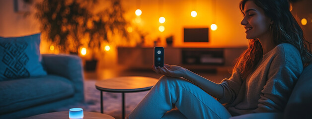 wide horizontal background cover banner photo of wifi smart home assistant control device glowing on a modern interior living area with sofa and coffee table       