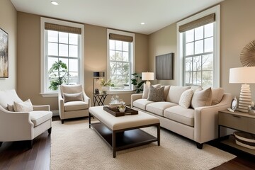 Stylish Beige Living Room Design with Bright Windows and Contemporary Decor