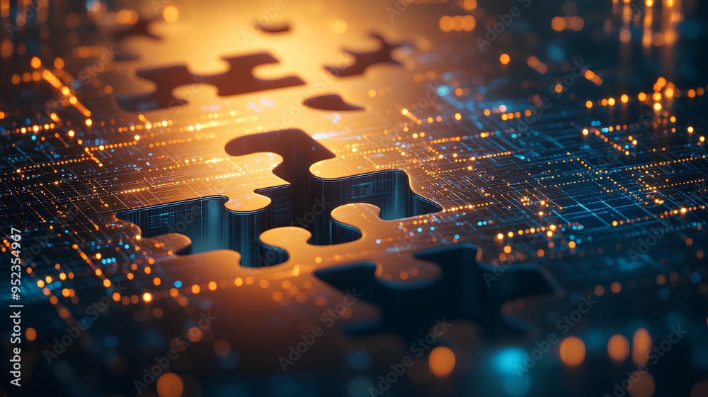Poster digital representation of api integration concept with two interlocking puzzle pieces against a futu