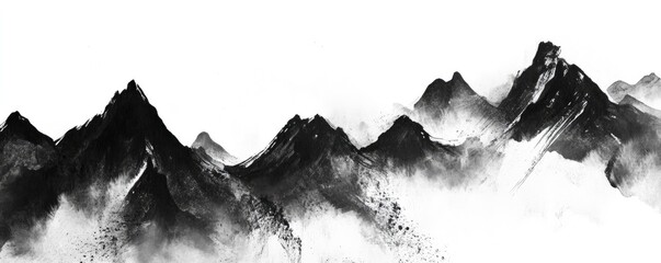 A brushed ink and black and white artwork of a mountain range