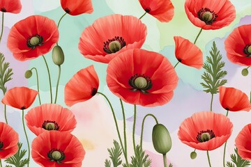 Fototapeta premium Soft Red Poppy Petals on Calming Pastel Background - Floral Watercolor Aesthetic