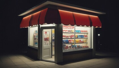 small shop with empty mockup sign openning late at night, illustration