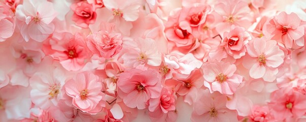A large arrangement of pink flowers on a background of white and pink flowers.