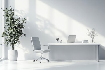 Minimalist office desk setup, on a white background, 3D render illustration, copy space for stock photo with minimal concept, No logo, No Trademark, No text