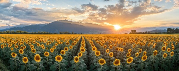 A magnificent field of sunflowers at dusk