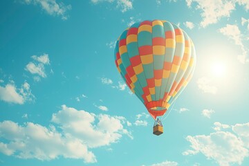 Fototapeta premium Colorful Hot Air Balloon Soaring Through a Blue Sky with White Clouds