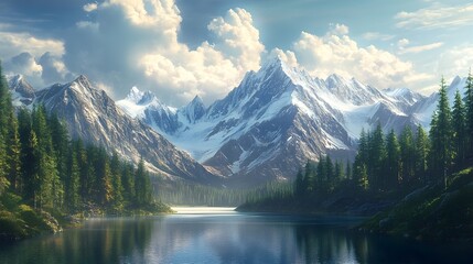 Fototapeta premium Majestic Mountainous Landscape with Serene Alpine Lake and Dramatic Lighting
